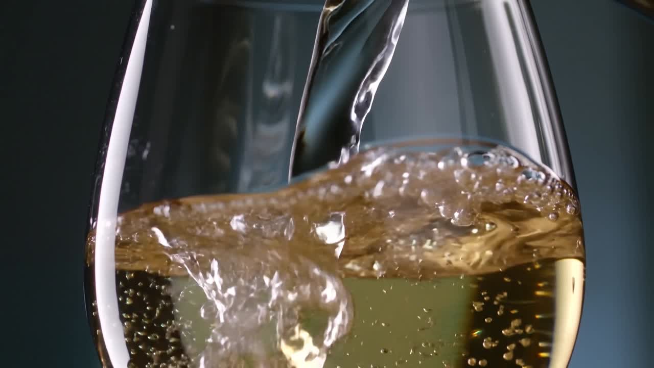 Glass bottle appearing above wine glass pouring golden liquid on tabletop for filling wine glass
