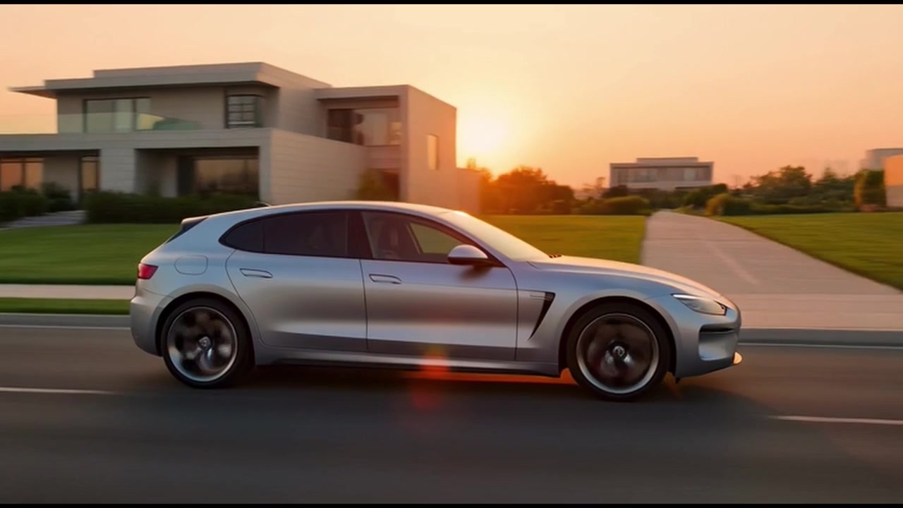 Auto sportiva color argento che percorre una strada suburbana al tramonto