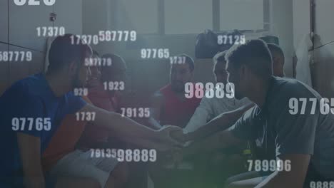Animation of numbers changing over football players stacking hands in changing rooms