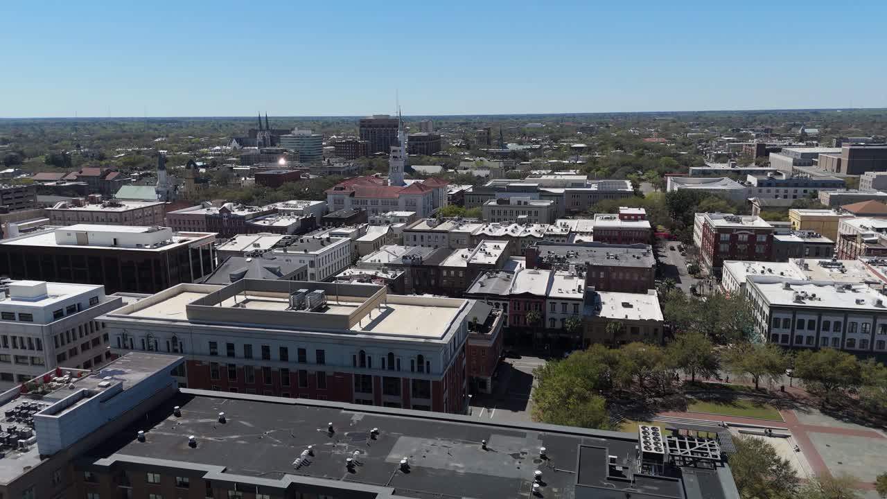 Aerial shot of Downtown Savannah, Georgia.