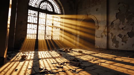 sunbeams illuminating an abandoned building