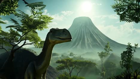 dinosaurio en una selva exuberante con un volcán en el fondo