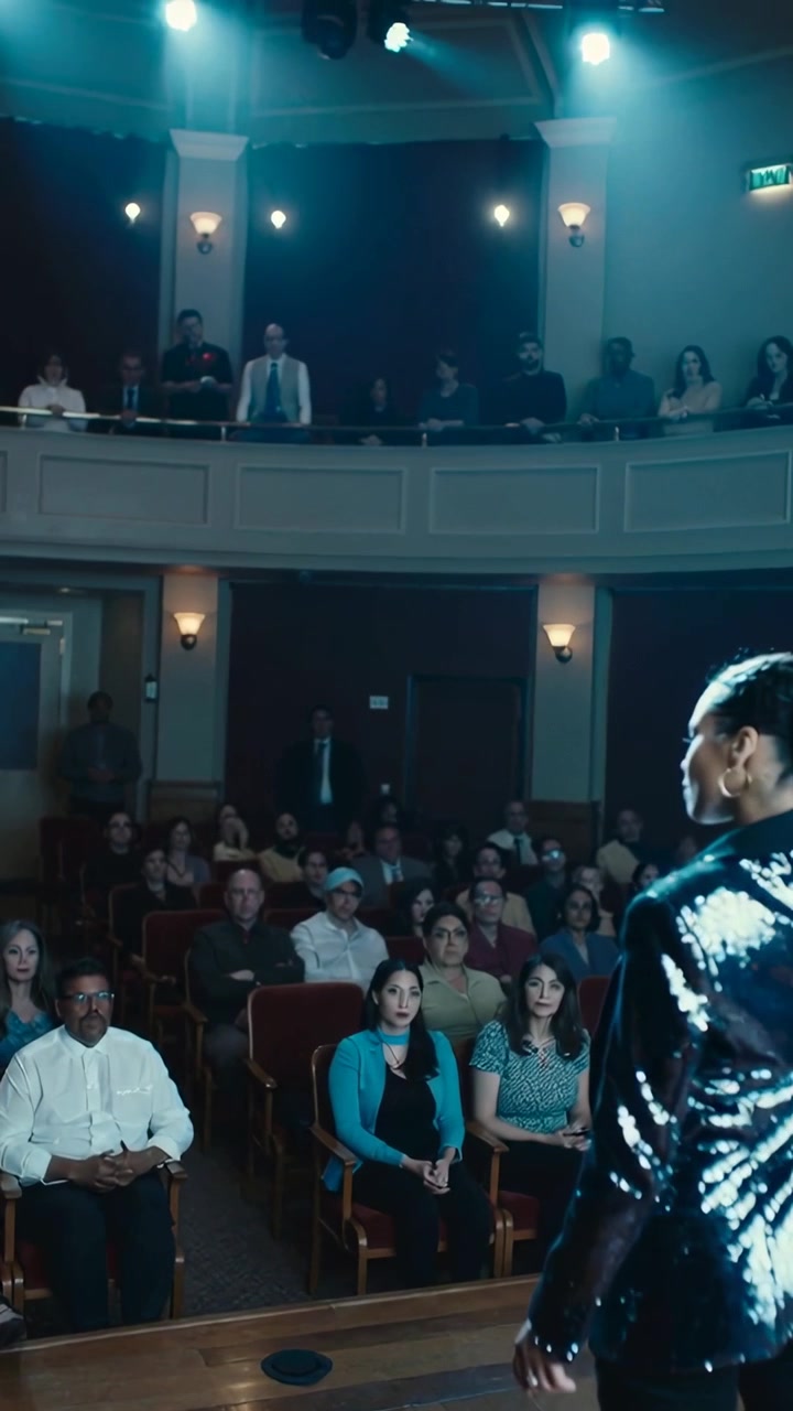 Video verticale: Luci che illuminano l'artista che si rivolge alla folla su un piccolo palco, con una giacca di paillettes e spazio per il testo.