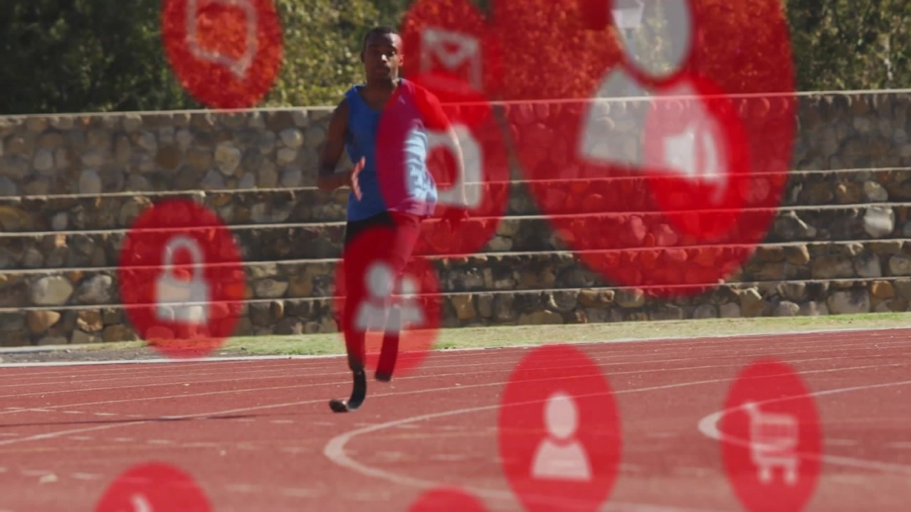 Atleta amputato che corre su pista con icone digitali di social media