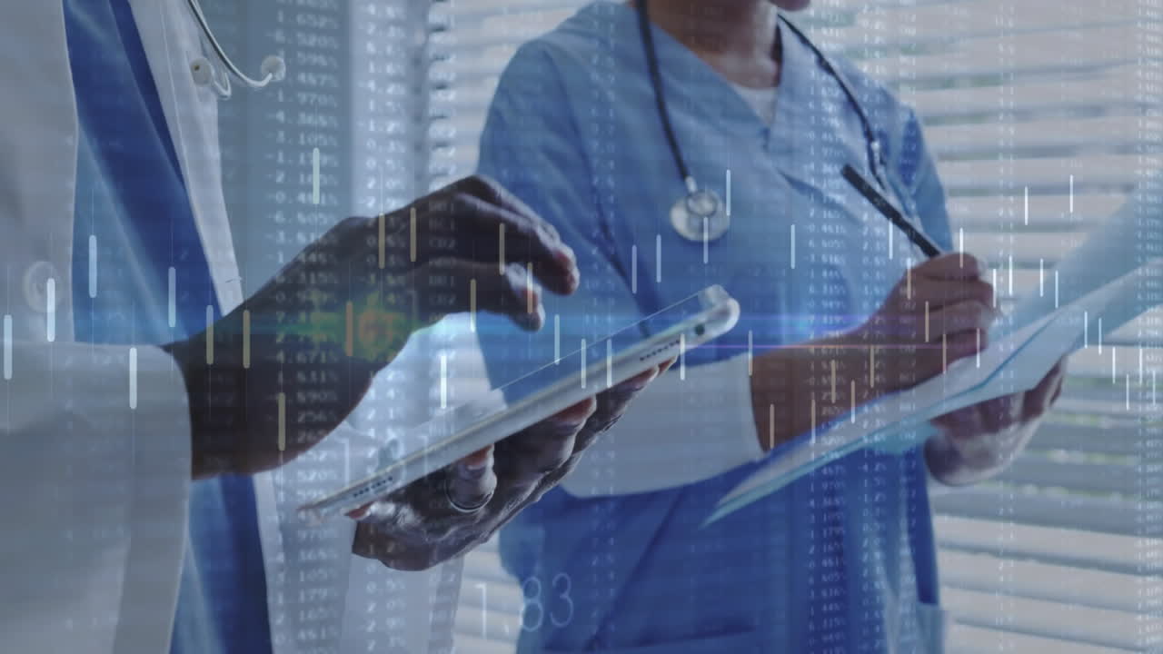Medical team tapping tablet and writing clipboard in clinical scene, showing digital charts