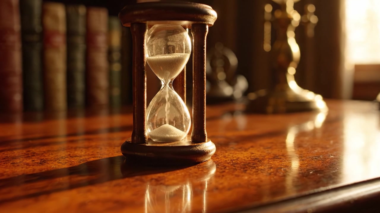 Una clessidra splendidamente realizzata, catturata con illuminazione soffusa, che evidenzia l'eleganza del passare del tempo su una superficie di scrivania in legno lucido