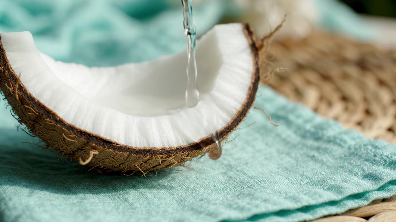 Freshly Cut Coconut Half on Light Blue Fabric Surface with Natural Textures and Soft Lighting, Perfect for Culinary or Tropical-Themed Presentations