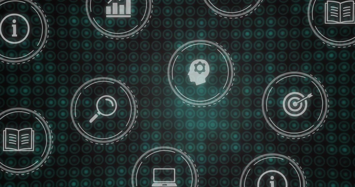 Circular icons forming grid pulsing drifting teal glow sweeping showing search and data for tech