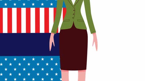 animation of woman with face mask and flag of united states of america with copy space