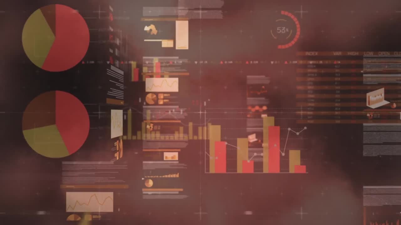 video compuesto de pantallas con procesamiento de datos estadísticos contra nubes en el cielo azul