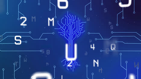 animation of integrated circuit over numbers and letters on digital screen