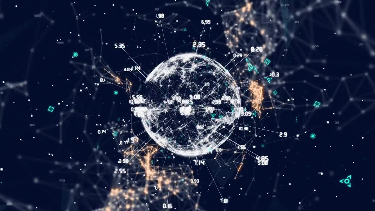 Animation of globe spinning with data processing and network connections on black background