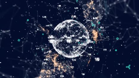 animación del giro del globo con procesamiento de datos y conexiones de red sobre fondo negro