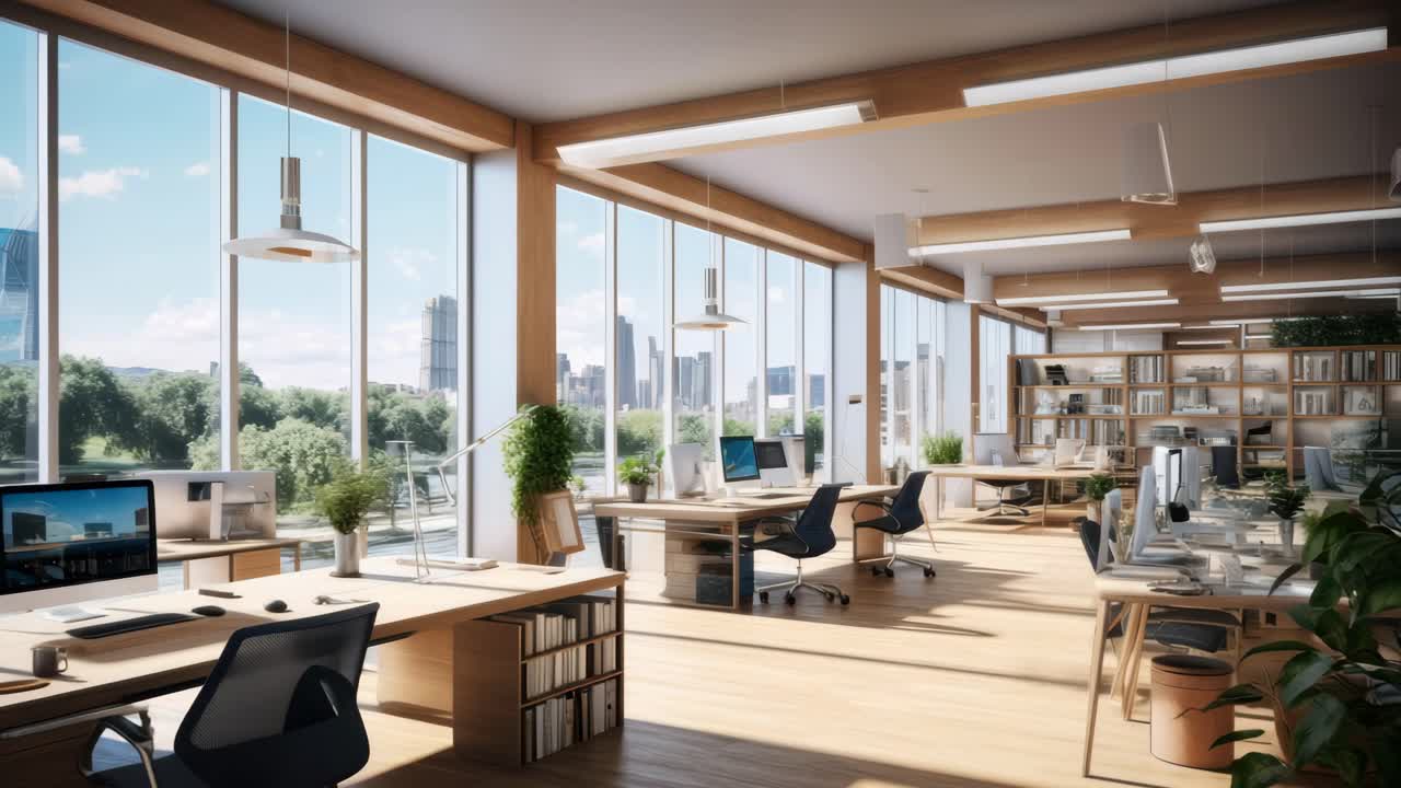 Modern open-plan office with large windows and city view