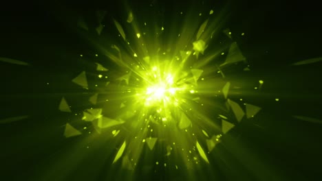 Abstract lime green magic star firework with broken glass particle exploding on black background, light ray effect. High energy fractal light  shine. 4K 3D seamless loop animation. Glow light tunnel.