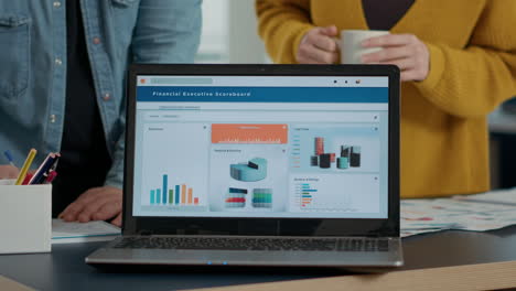 Closeup-of-laptop-screen-with-business-mangement-software-showing-moving-charts-and-statistics