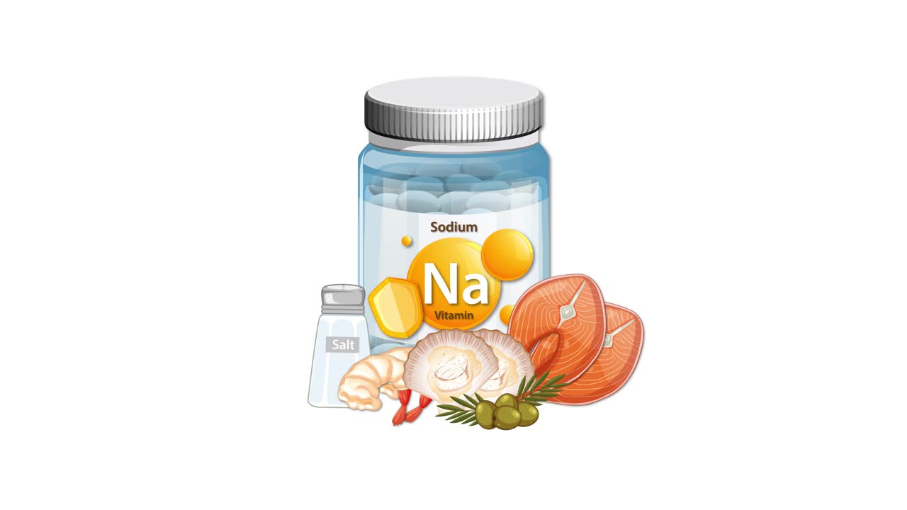 Sodium supplement bottle with salt, onion, garlic, and spices animates together on white background