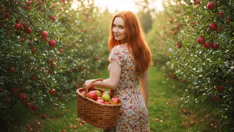 a joyful day in the orchard: a beautiful woman with flowing red hair smiles while holding a basket of fresh apples surrounded by lush green trees and vibrant red fruits