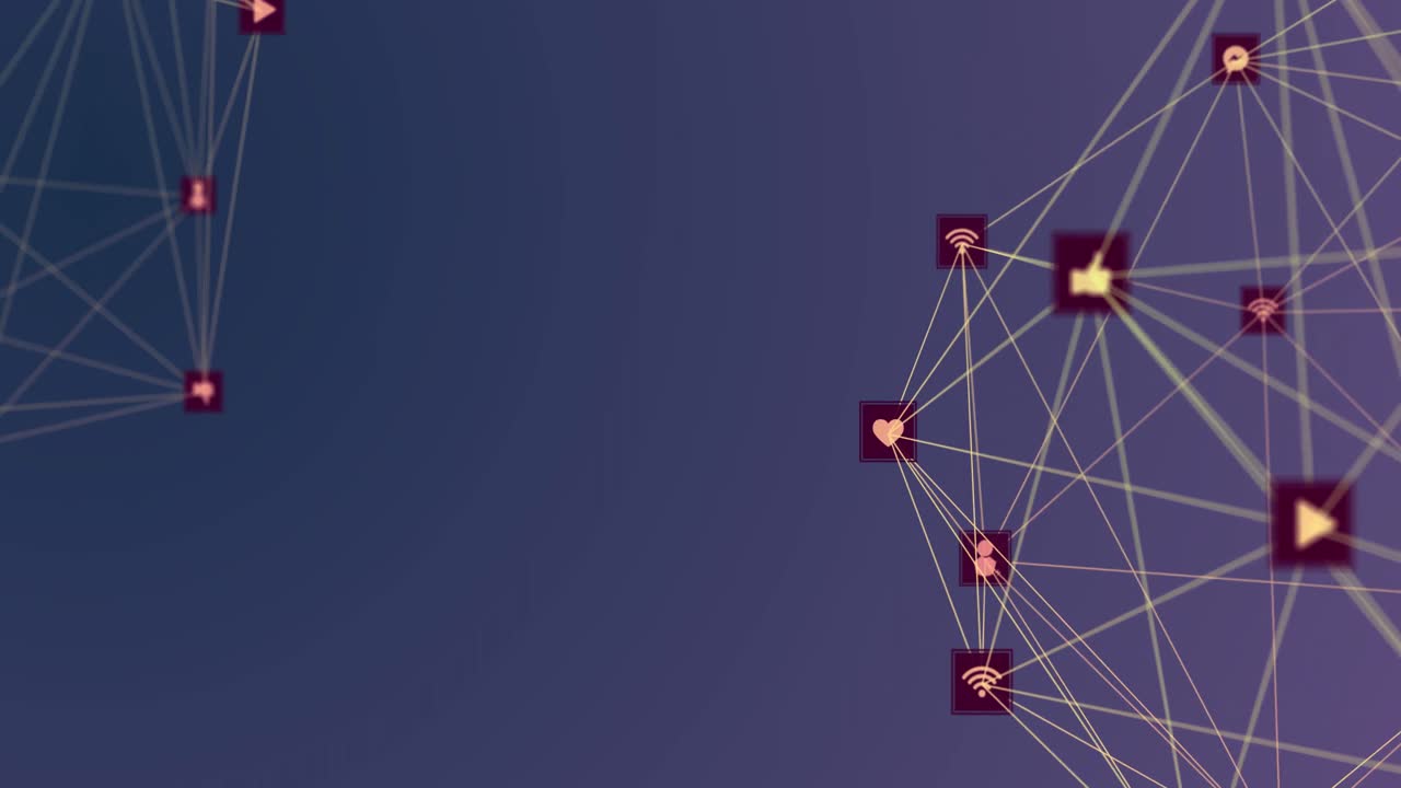 animación de conexiones de red que forman dos globos con iconos de redes sociales en fondo azul