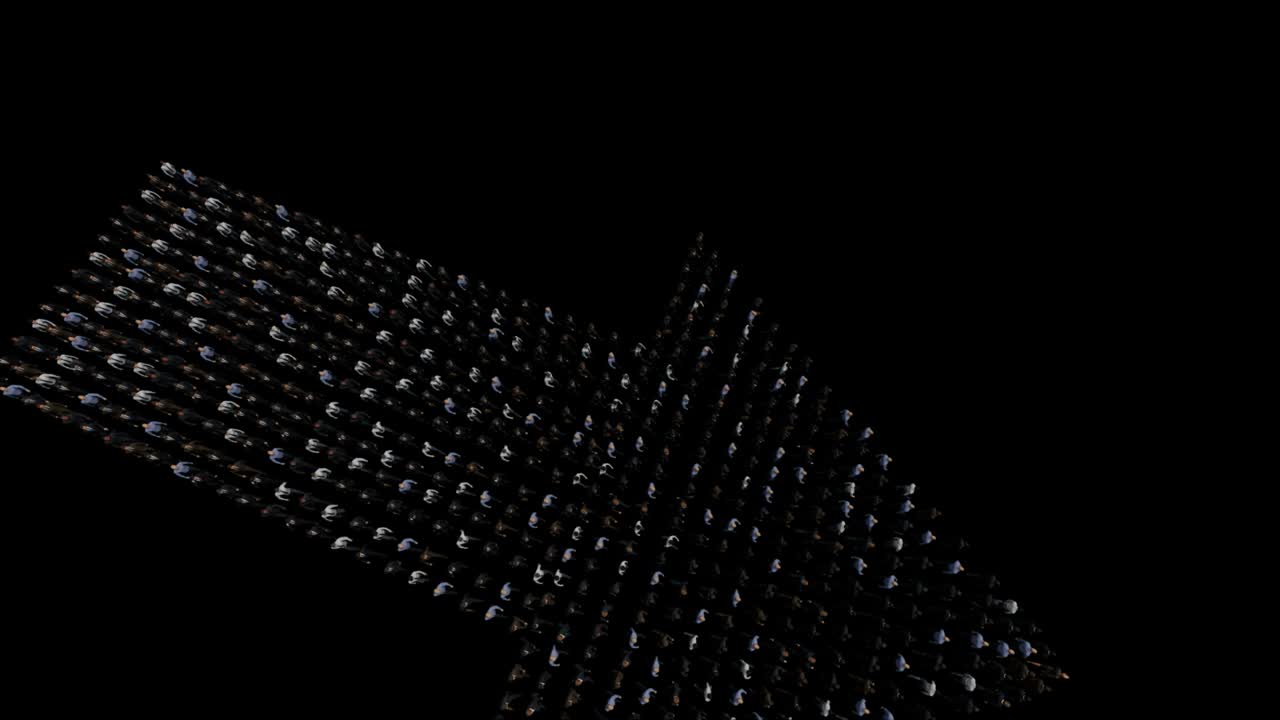 Businessmen lead by a businesswoman forming arrow shape, 4K against black