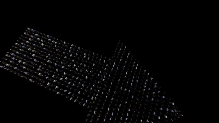 Businessmen lead by a businesswoman forming arrow shape, 4K against black