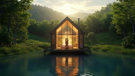a couple embraces peacefully in front of a cozy glass house surrounded by lush greenery and a serene lake at sunset, capturing a moment of love and tranquility