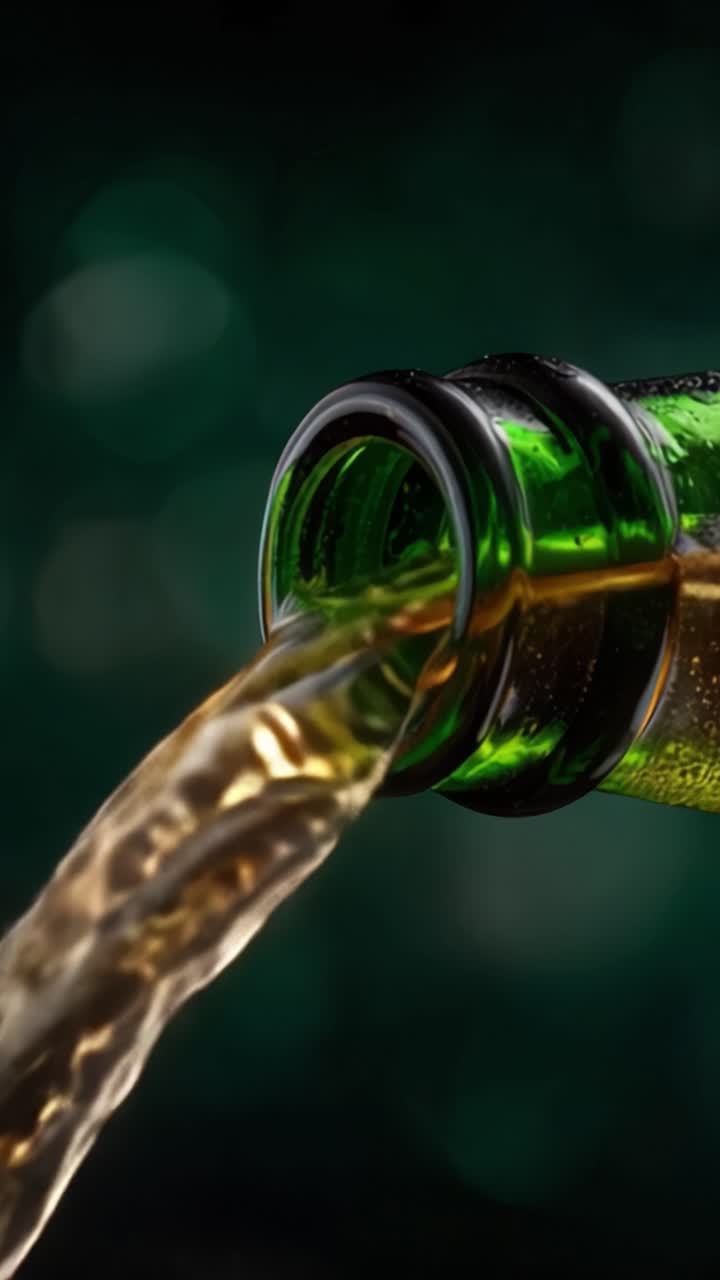 Primo piano di una bottiglia di vetro verde che versa un liquido, catturando il movimento e i riflessi della bevanda in un'atmosfera delicatamente illuminata.