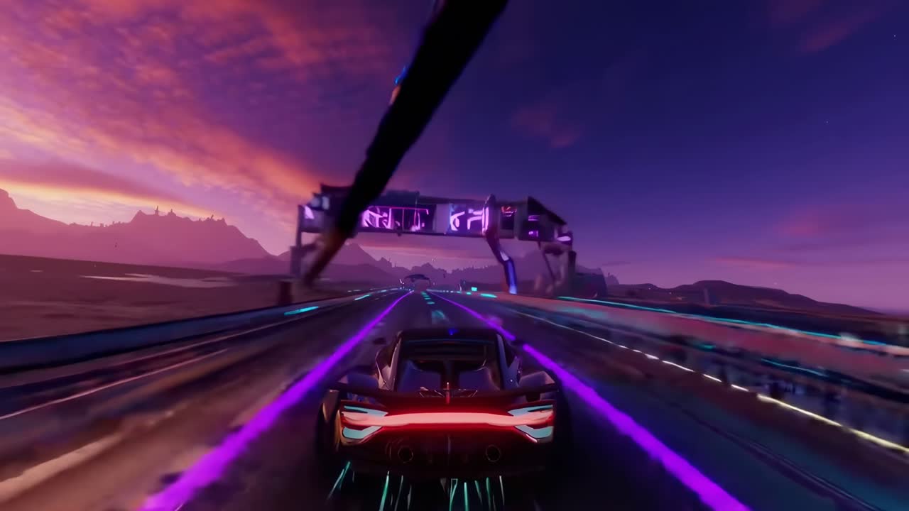 Scena video di corsa futuristica con un'inquadratura dal basso di un'auto elegante su un'autostrada illuminata al neon