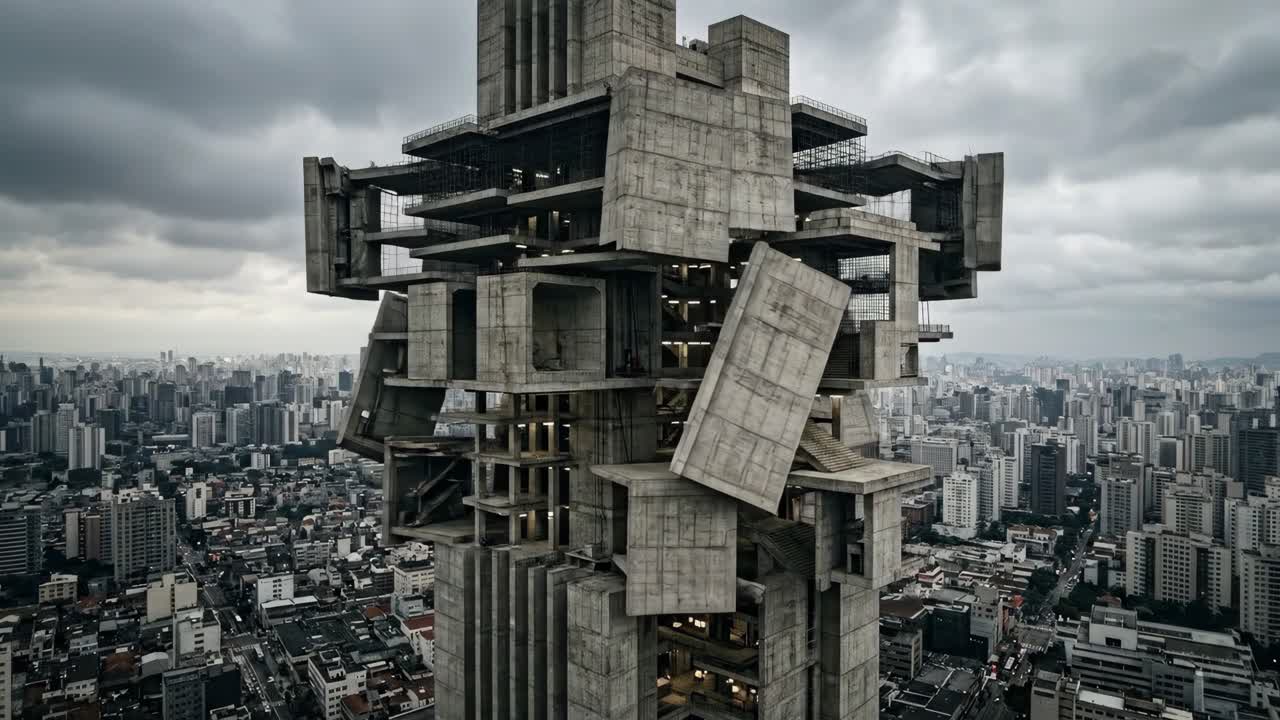 Grattacielo brutalista in cemento dinamico che si trasforma in un paesaggio urbano