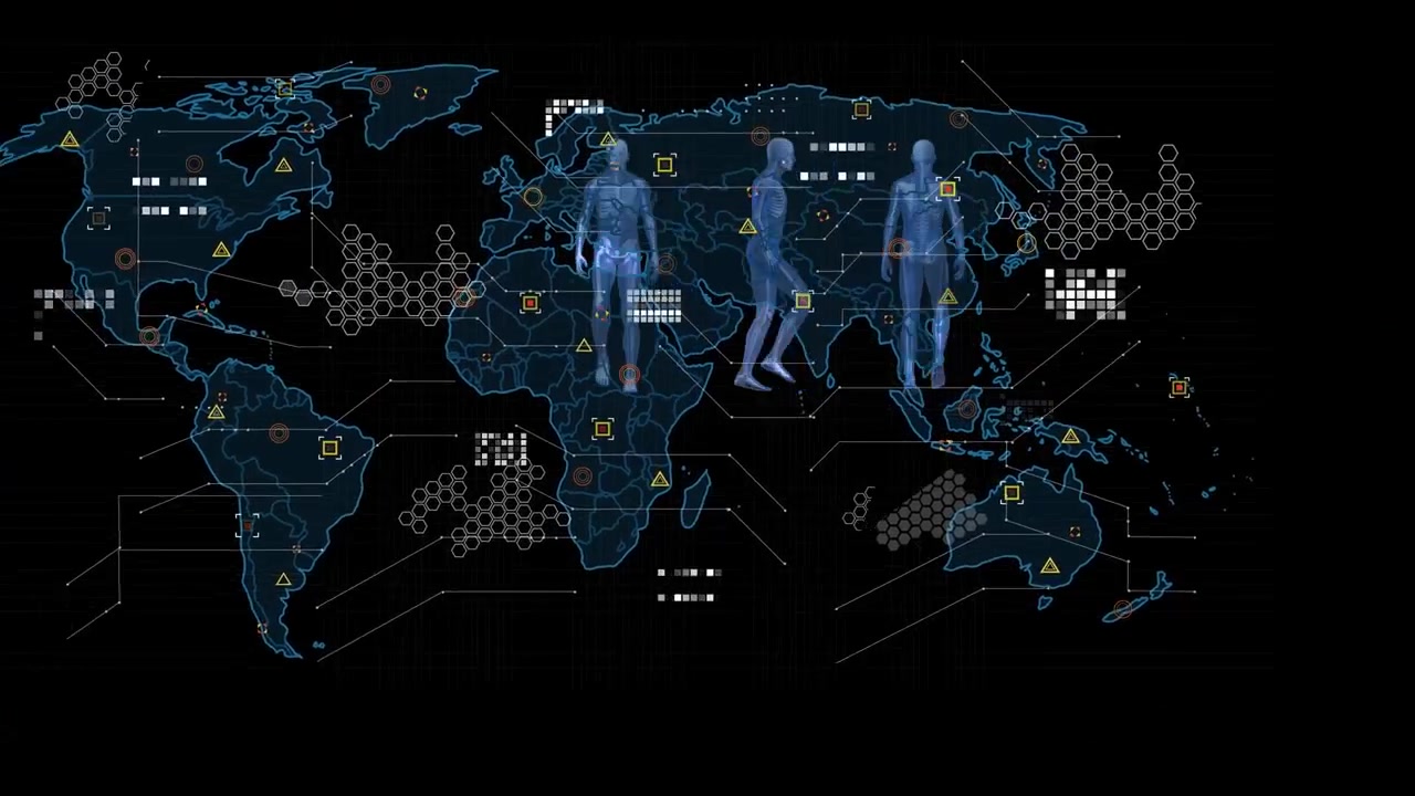 Animation of human world map and network of connections on black background
