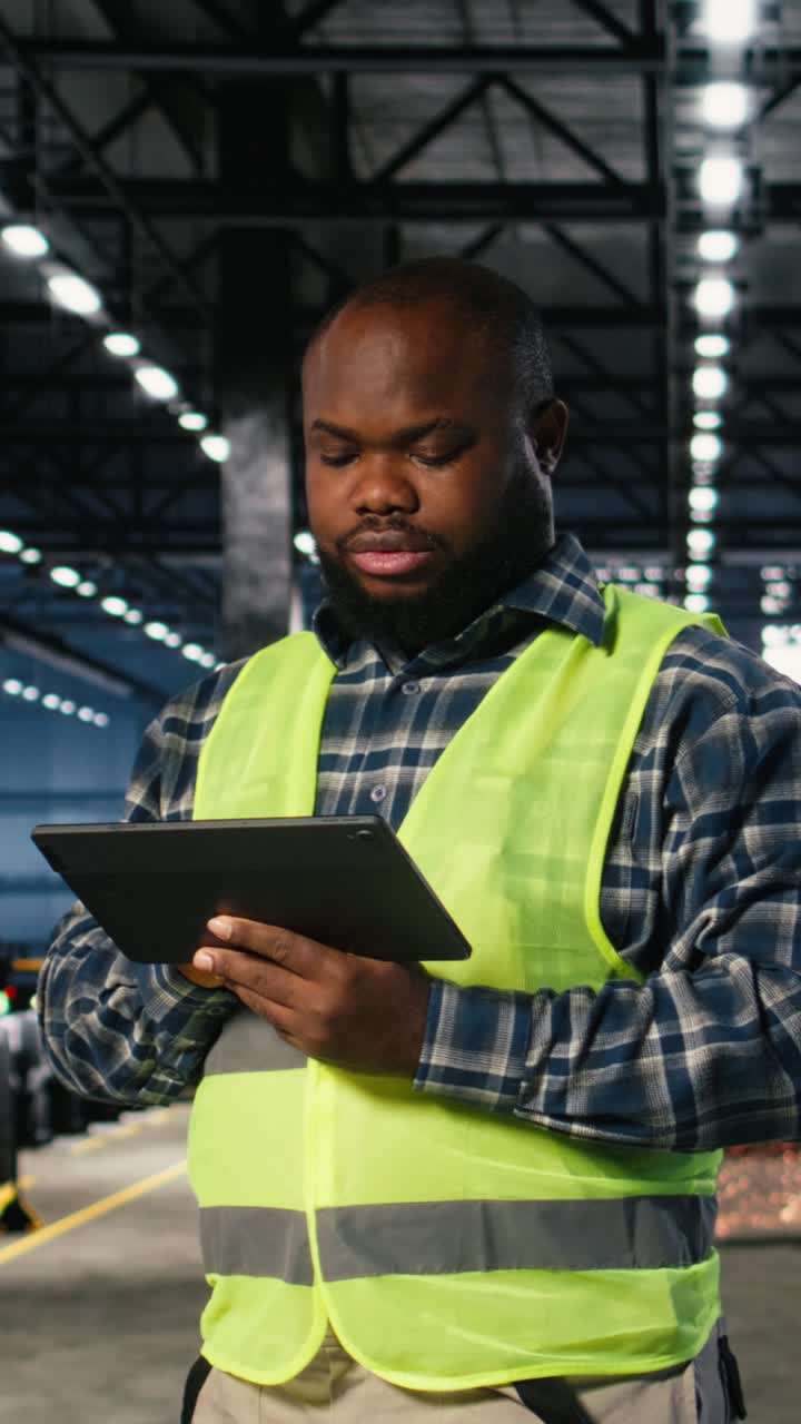Vertical Video Factory supervisor checks assembly equipment on a tablet in manufacturing plant