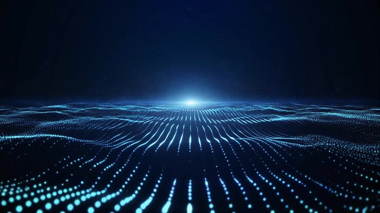 Onda digitale astratta di particelle blu luminose
