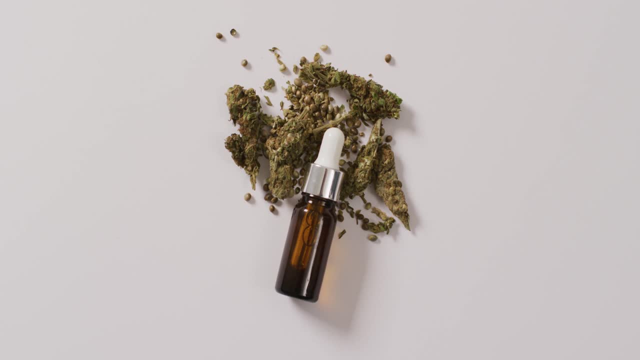 Beyaz arka plan üzerinde kenevir tomurcukları ve bir şişe CBD özü videosu
