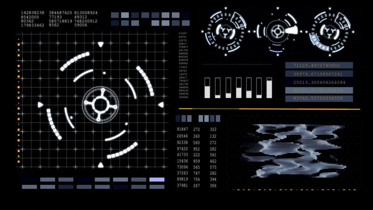 기술적 미래주의적 요소: 공상과학 서클의 요소는 hud 패턴에서 나타나고 사라집니다: 그래프, 스케일, 텍스트, 회전, 애니메이션, 통계적 데이터.