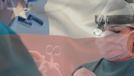 animation of flag of chile waving over surgeons in operating theatre