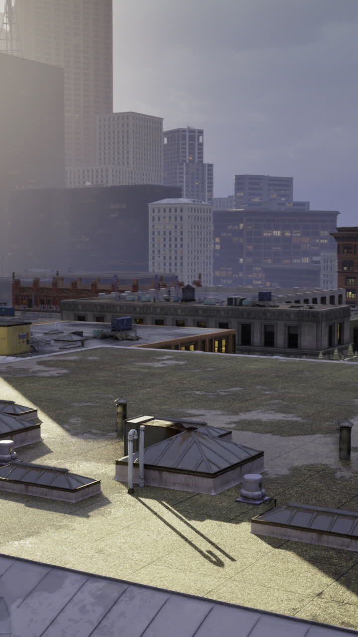 Urban rooftop skyline at dusk with glimmers of light breaking through clouds