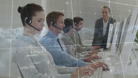 Animation-of-data-processing-over-businesspeople-using-phone-headsets