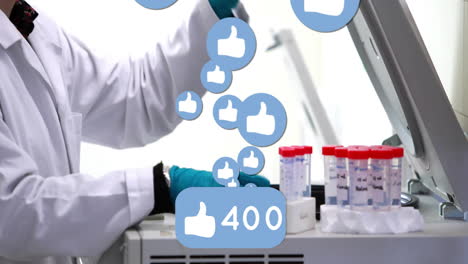 lab research being animated showing technician handling test tubes with floating thumbs up icons