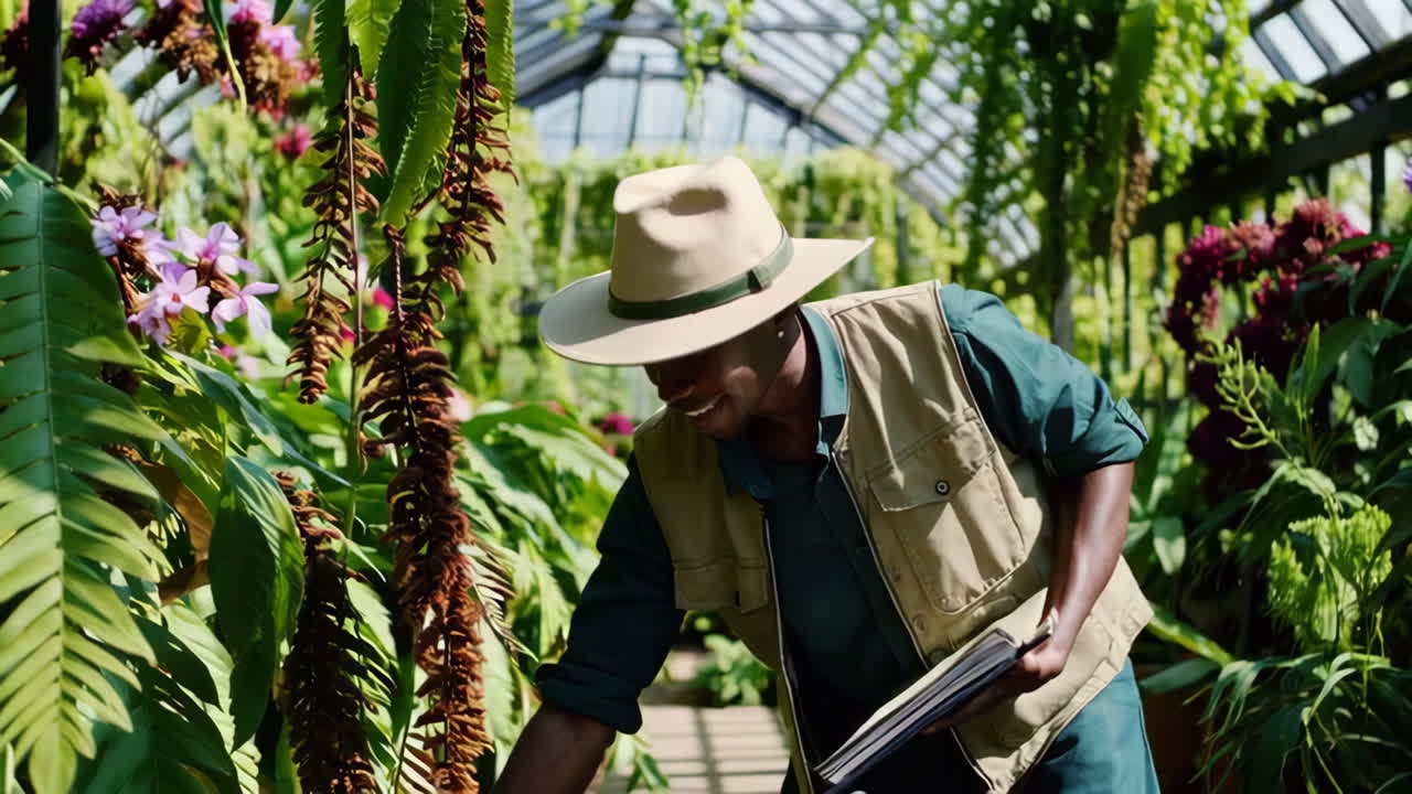 Gardener in a greenhouse studying plants