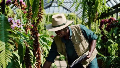 gardener in a greenhouse studying plants
