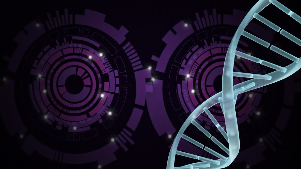 Animation of glowing DNA strand with digital elements on dark background