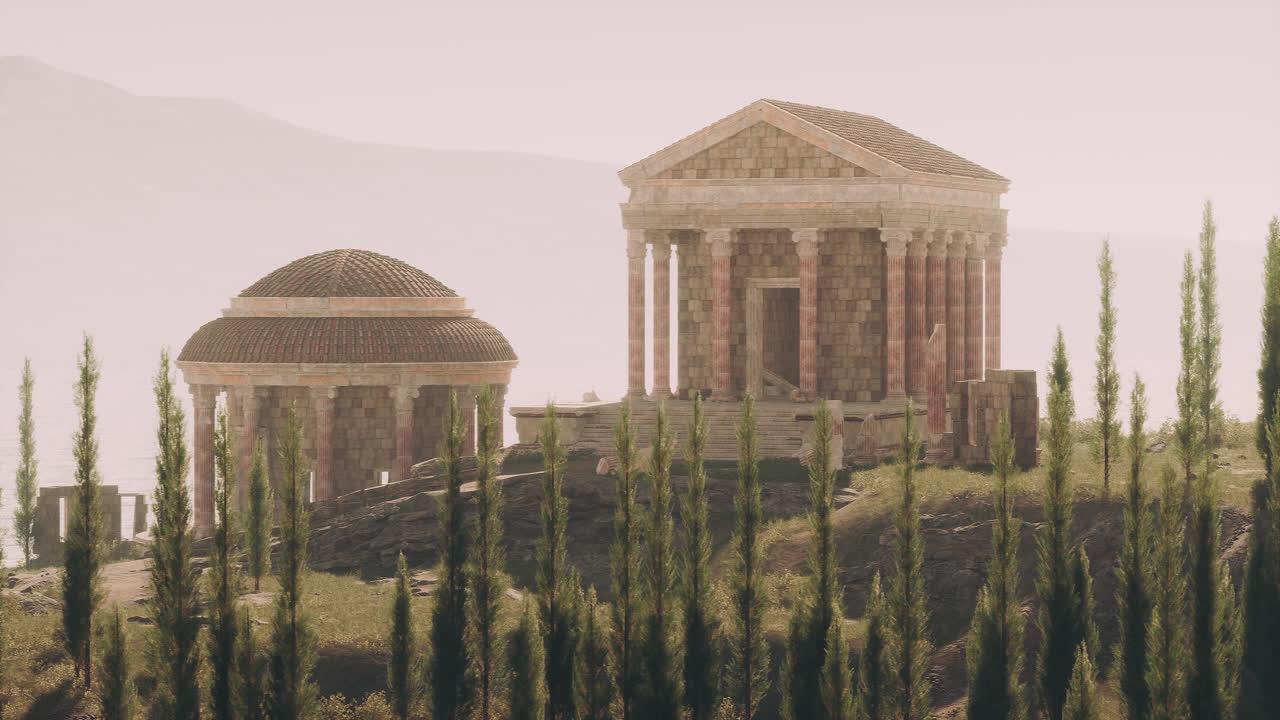 해가 지면 사이프러스 나무 로 둘러싸인 고대 로마 사원 의 폐허