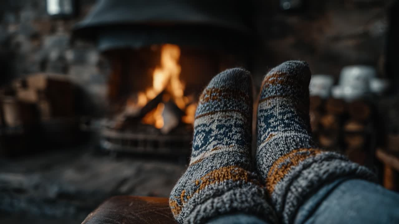 Cozy Comfort: A Warm Pair of Knit Socks by the Crackling Fireplace in a Rustic Setting, Embracing the Inviting Ambiance of Home and Relaxation