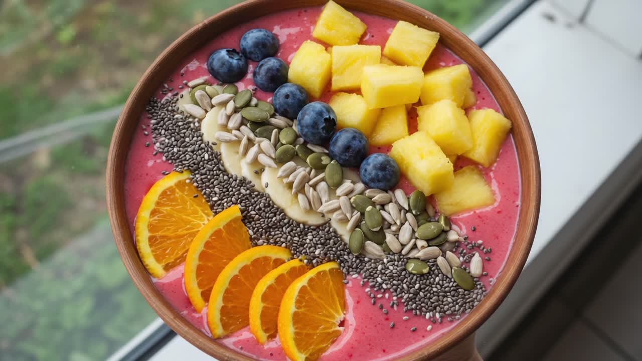 Una colorata e nutriente ciotola di smoothie, guarnita con frutta fresca e semi: una delizia colorata e nutriente per uno stile di vita sano