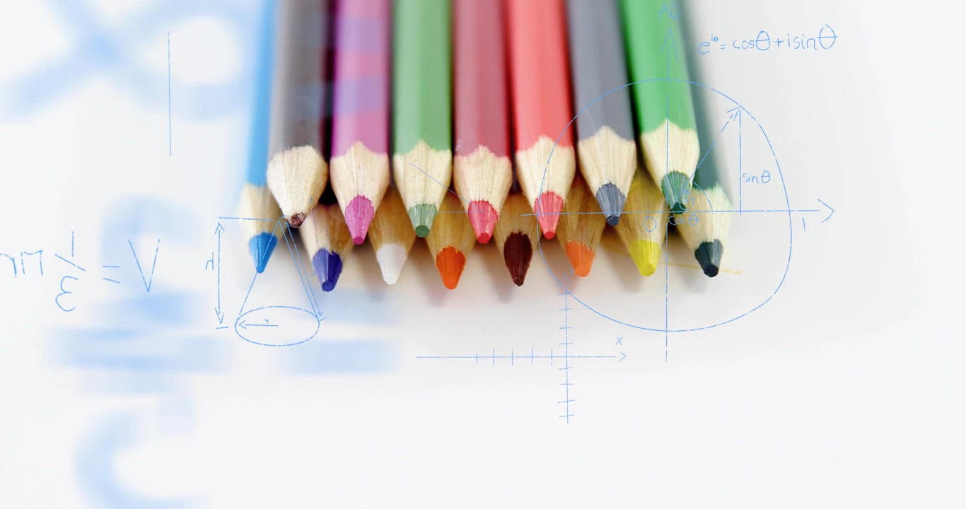 Espressione algebrica che appare sopra matite colorate, con diagrammi che si trasformano mostrando idee matematiche.