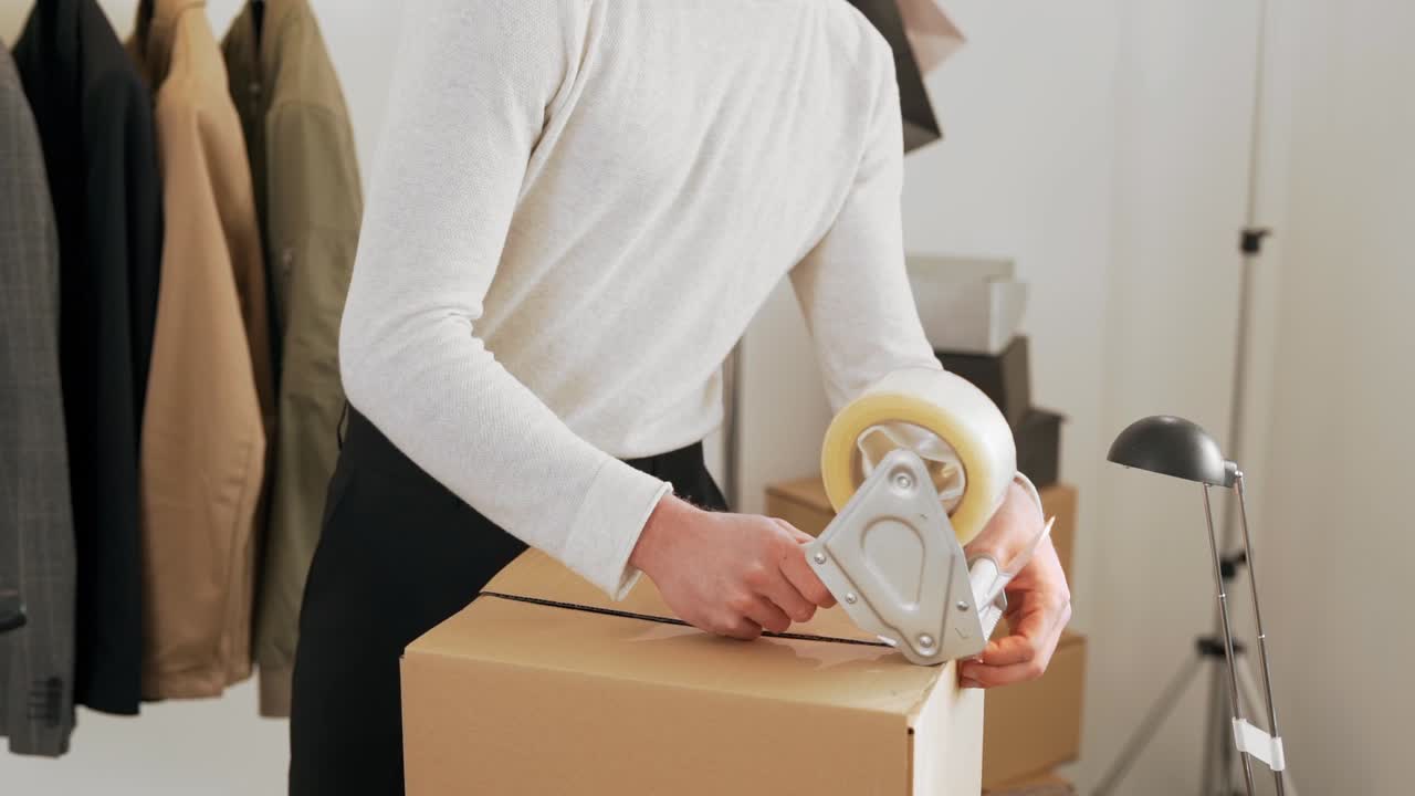 close-up of male hands making a cardboard box with a tape gun