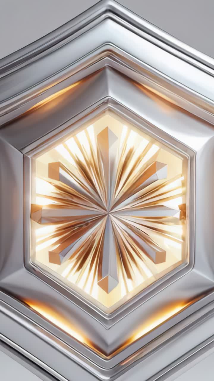 Vertical video: Looping hexagon metallic ornament rotating golden star pattern on gray backdrop