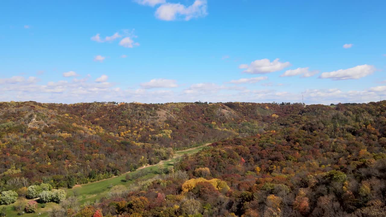 얇은 계곡을 둘러싼 큰 숲의 조감도