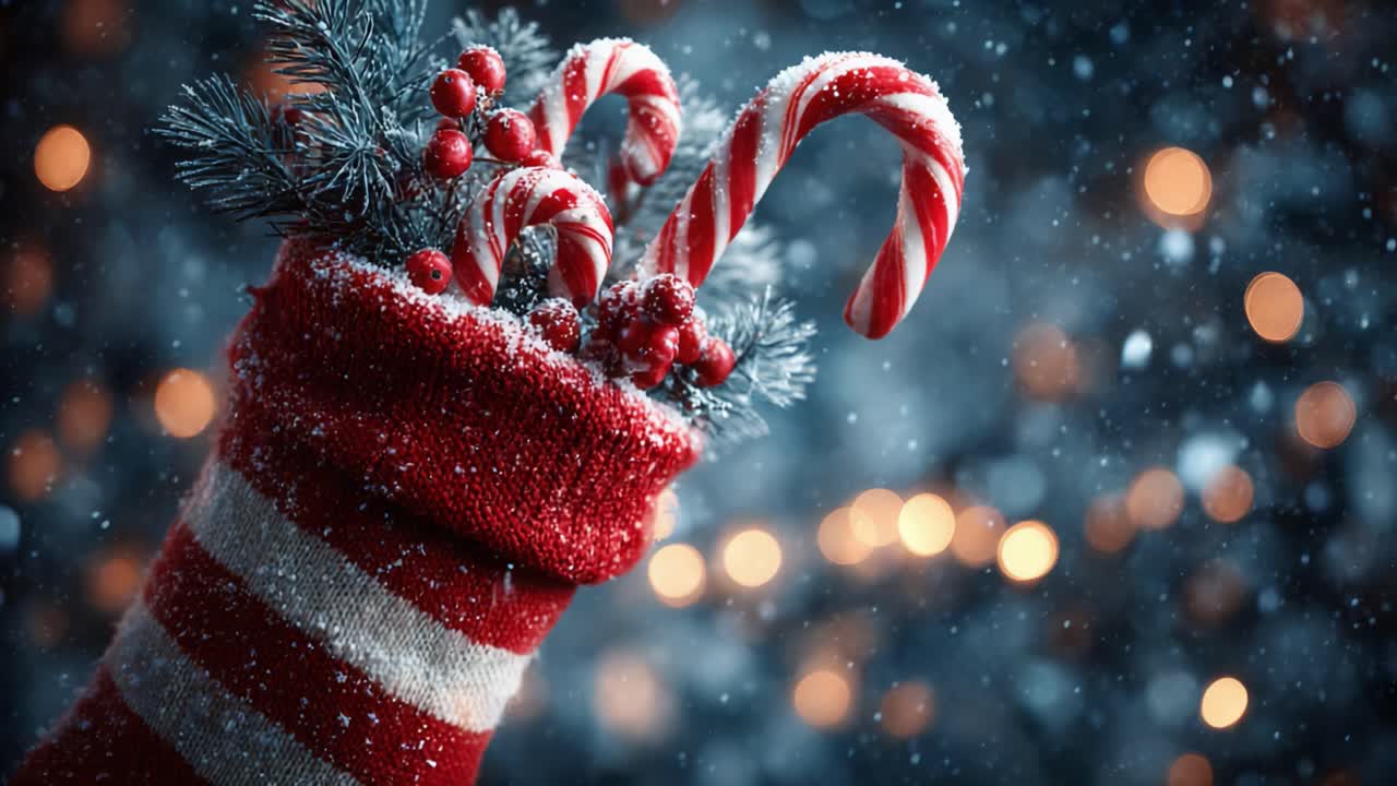 A Festive Stocking Filled with Candy Canes and Berries, Embellished with Pine Branches, Set Against a Frosty Background of Twinkling Lights