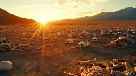 a large group of skeletons laying on the ground in the desert